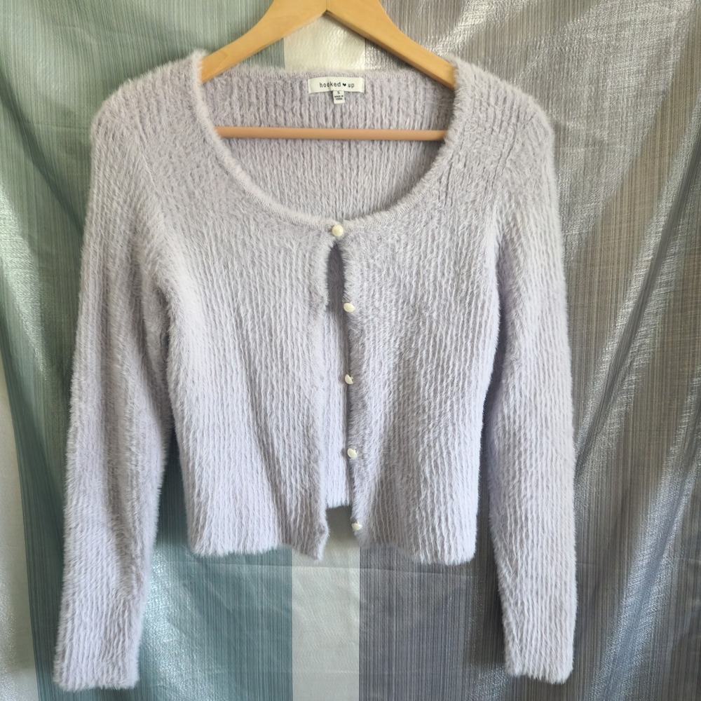Lavender Fuzzy Crop Cardigan Pearl Button Coquette Balletcore Soft Girl Pilates
